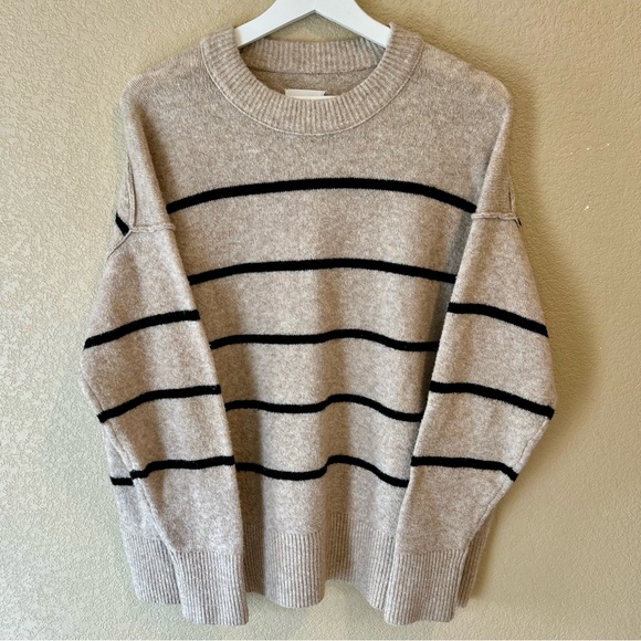 Aerie Striped Crewneck Sweater - Neutral Oatmeal with Black Stripes Oversized L - Picture 2 of 7